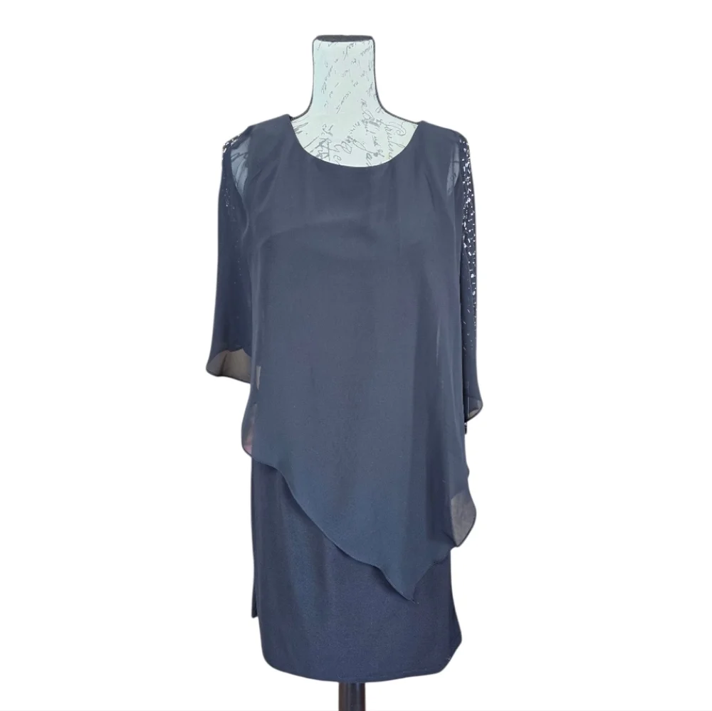 Ignite Evenings Black Chiffon Caped Cocktail Dress 10 - Picture 3 of 10